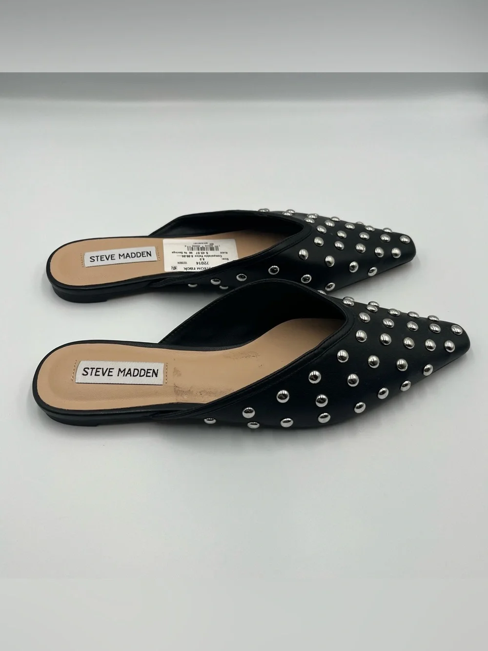 Steve Madden Marela Black Leather Studded Pointed Toe Mules Flats Sz 8.5